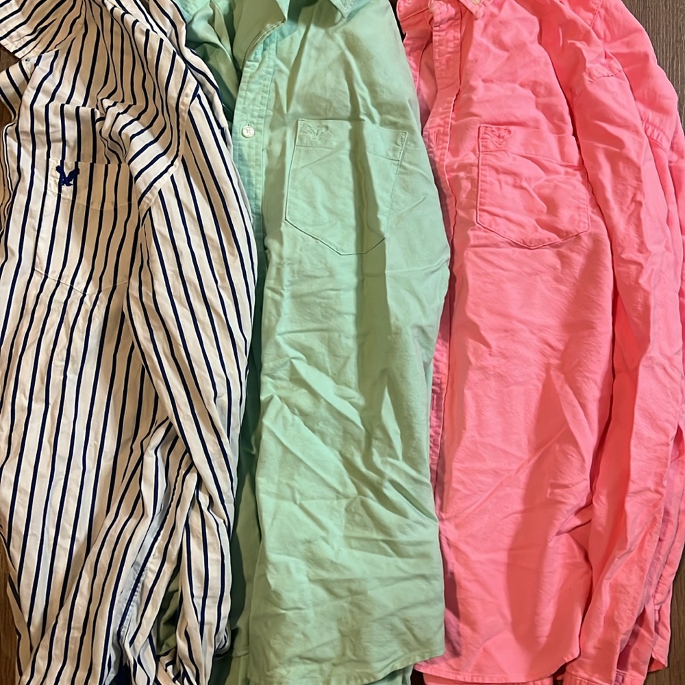 American Eagle Outfitters Striped, Mint, and Pink Casual Button Down Shirts